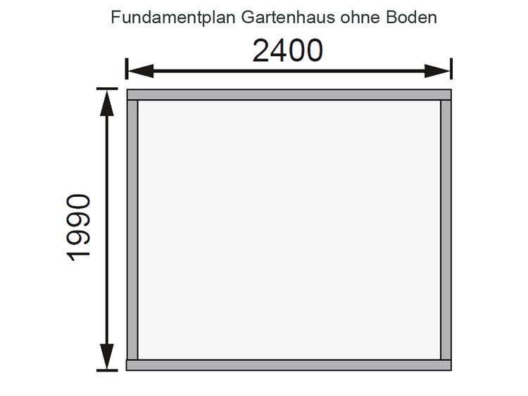 Fundamentplan für ein Gartenhaus ohne Boden mit den Maßen 2400 Millimeter mal 1990 Millimeter.
