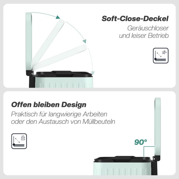 Mülleimer mit Soft-Close-Funktion für geräuschloses Schließen und Offenhalte-Funktion des Deckels bei einem Winkel von 90 Grad.