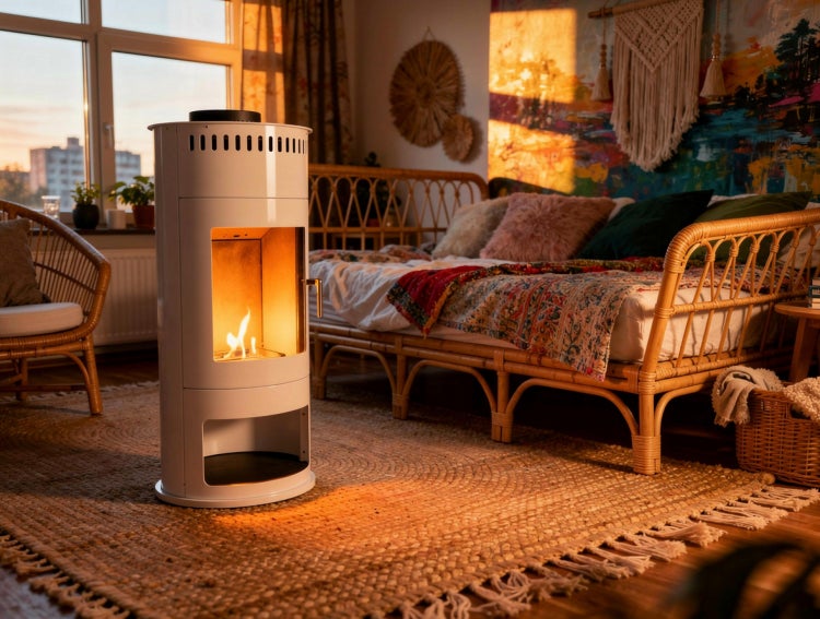 Wohnzimmer mit Bioethanol Kamin, Rattansessel, Rattanbett und Teppich