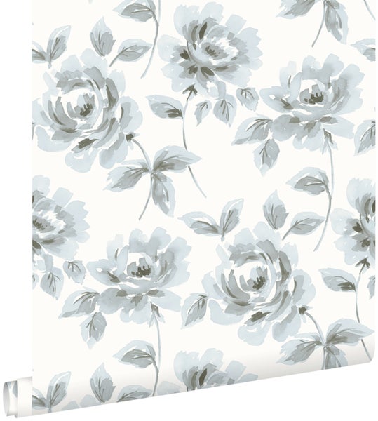 ESTAhome Tapete Aquarell gemalte Rosen Hellblau und Grau - 53 cm x 10.05 m - 128013