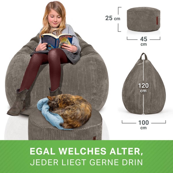 Green Bean 2er Set Indoor XXL Sitzsack + Pouf mit EPS-Perlen Füllung - Fußhocker Fußkissen Hocker Bodenkissen Liegekissen Sitzkissen Lounge Chair - Anthrazit