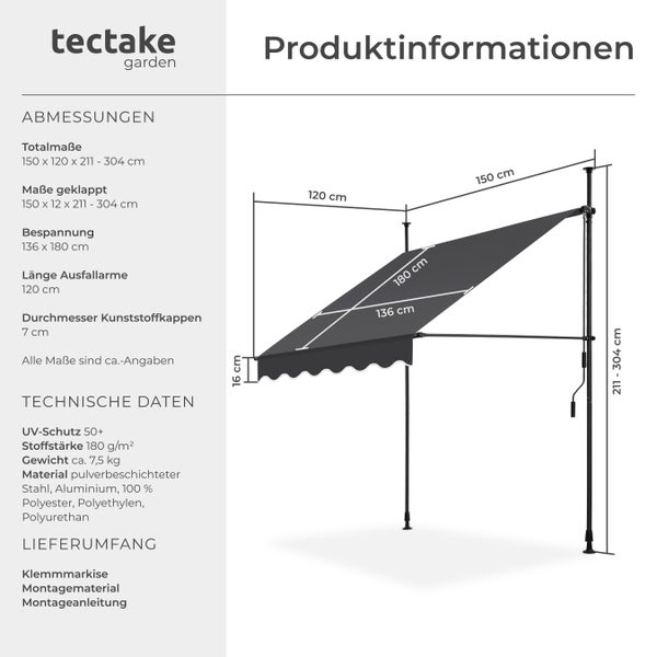 Klemmmarkise tectake  einfache Montage mit Handkurbel schwarz/grau