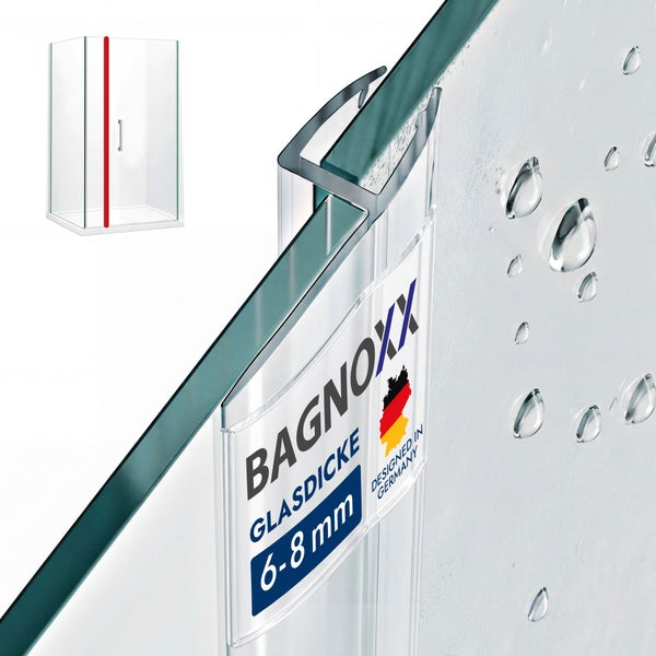 Bagnoxx Duschdichtung für Glasstärken von 6 bis 8 Millimeter, Profil an Glaskante mit Wassertropfen, Bagnoxx Logo, Design in Deutschland.