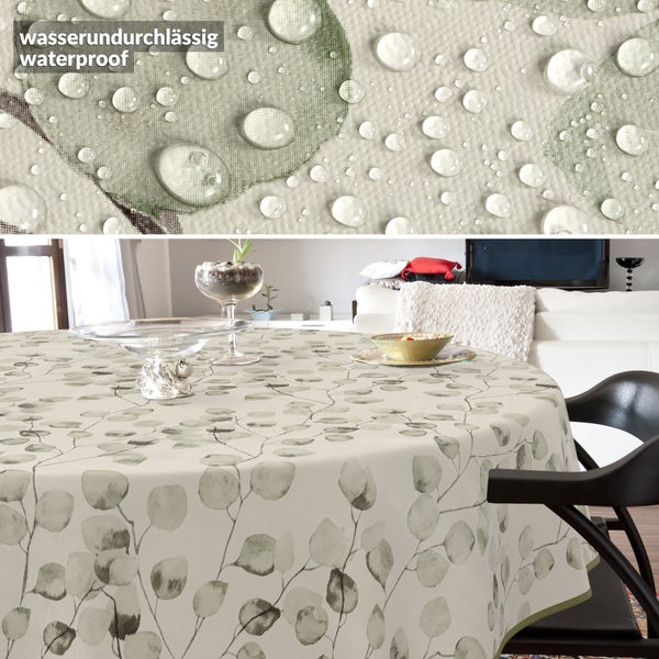 Wasserdichte Tischdecke mit Blättermuster in einem hellen Wohnraum