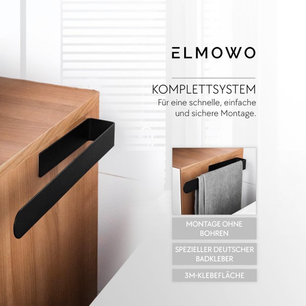 Elmowo Handtuchhalter zur Montage ohne Bohren mit Klebefläche an einem Badschrank montiert für eine einfache Befestigung im Badezimmer.
