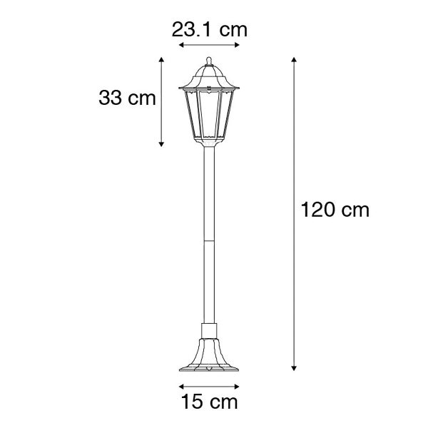 Technische Zeichnung einer Gartenleuchte mit Maßen: Gesamthöhe 120 Zentimeter, Kopfhöhe 33 Zentimeter, Breite 23.1 Zentimeter, Sockel 15 Zentimeter.