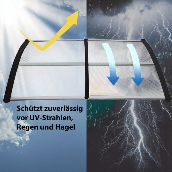 Vordach aus Kunststoff mit Rahmen schützt zuverlässig vor UV-Strahlen, Regen und Hagel.