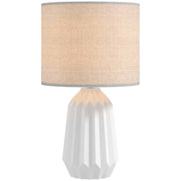 Tischleuchte mit Leinenschirm und plissiertem Keramiksockel im Vintage Design