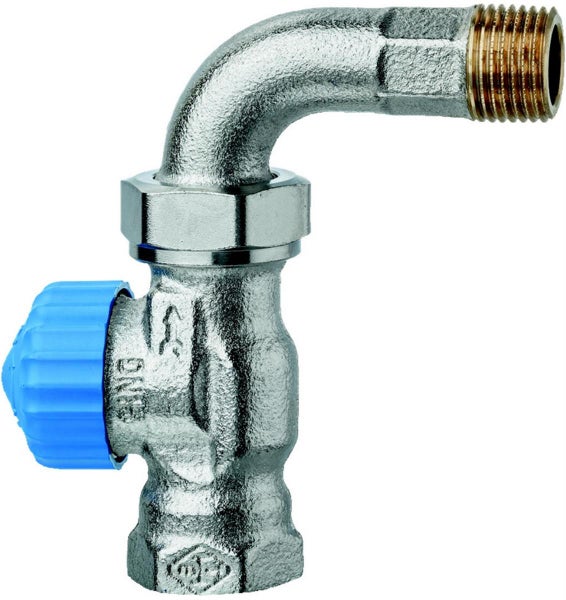 Eck-Heizkörperventil aus Metall mit blauem Handrad und 90 Grad Winkel für Heizungsanlagen.