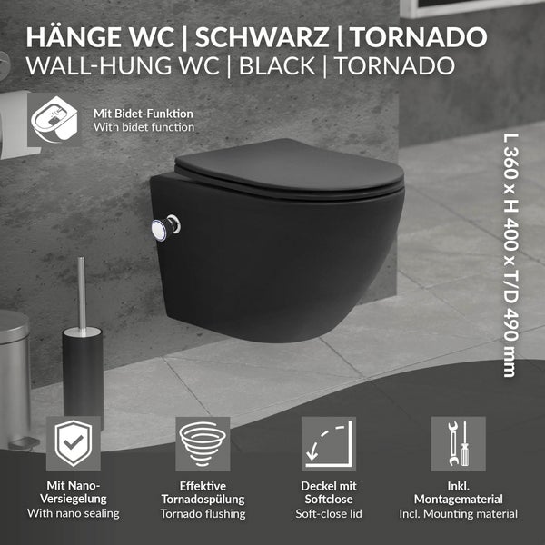 LuxeBath Wand WC Spülrandlos mit Bidet-Funktion Schwarz matt kurz 49cm, Tiefspüler Tornadospülung Keramik Hänge WC Dusch WC mit Nano Beschichtung, Kloschüssel Hängend WC-Sitz Absenkautomatik abnehmbar