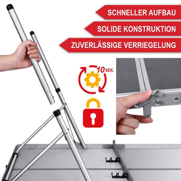 Schneller Aufbau eines stabilen Aluminiumgestells mit zuverlässiger Verriegelung innerhalb von 10 Sekunden.