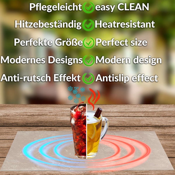 Produktmerkmale: pflegeleicht, hitzebeständig, ideale Größe, modernes Design und rutschfest. Matte mit heißen und kalten Getränken.