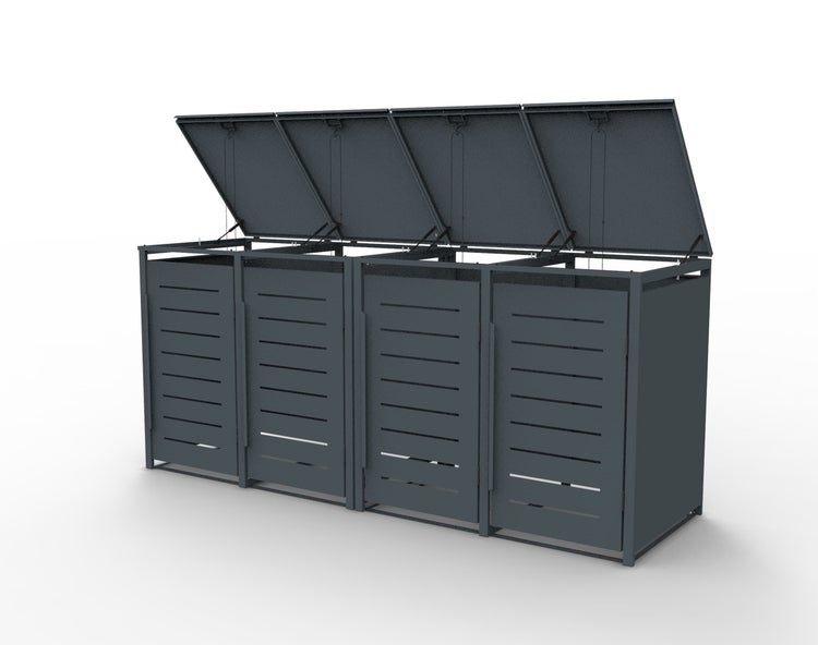 Drei Mülltonnenboxen mit geöffnetem Deckel