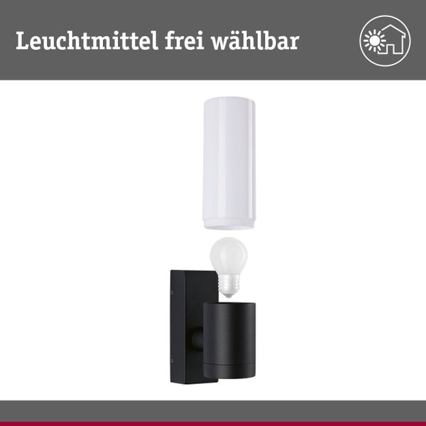 Schwarze Außenwandleuchte mit weißem Zylinderschirm, Leuchtmittel frei wählbar.
