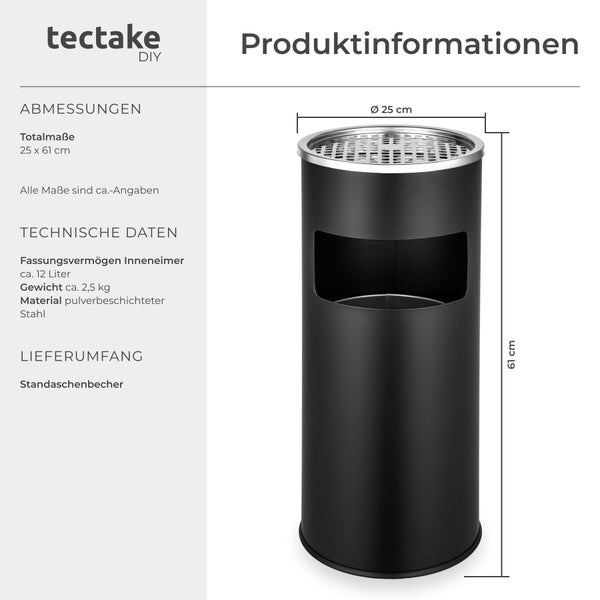 tectake Standaschenbecher mit Mülleimer, pulverbeschichteter Stahl, Höhe 61 Zentimeter, Durchmesser 25 Zentimeter, circa 12 Liter Volumen.
