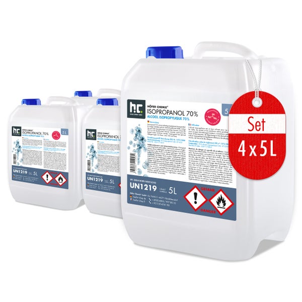 Set mit vier Kanistern Isopropanol 70 Prozent, je 5 Liter