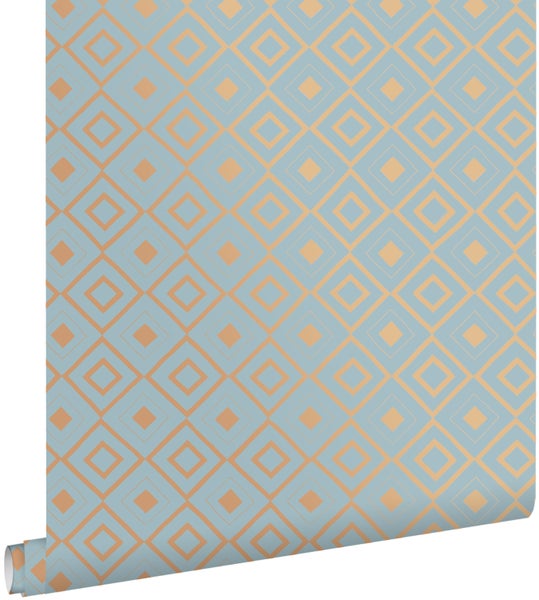 ESTAhome Tapete Karomuster Vintage Blau und Kupferbraun - 53 cm x 10.05 m - 128830