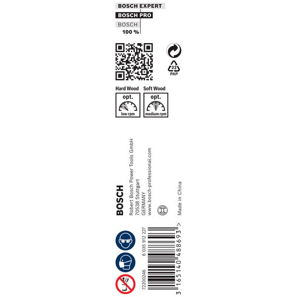 Informationen zu Bosch Expert Produkten, empfohlene Drehzahlen für Hart- und Weichholz, Papierverpackung, Herstellerinformationen, Schutzhinweise und Barcode