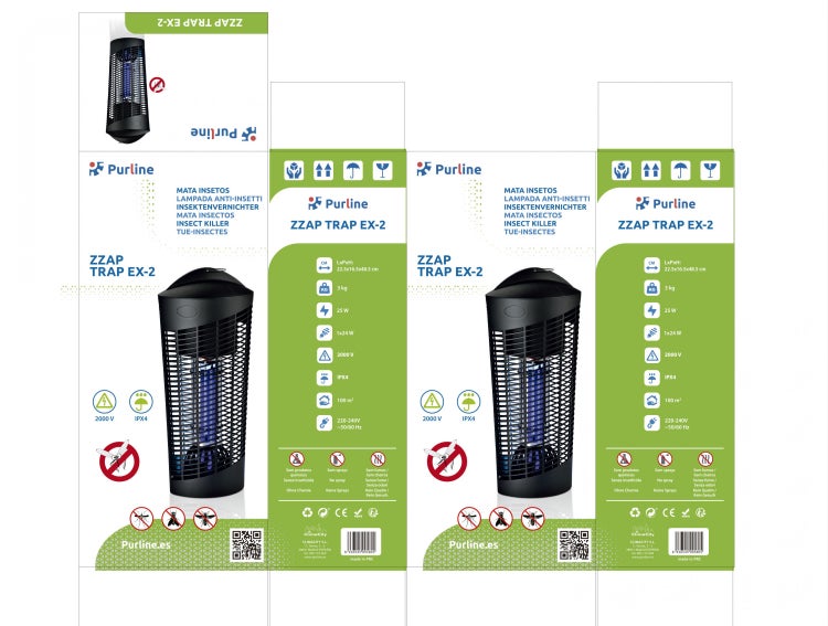 Verpackung des elektrischen Insektenvernichters Purline ZZAP TRAP EX-2 mit Details wie 2000 Volt, Schutzklasse IPX4 und Purline Logo.