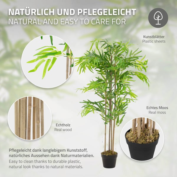 ML-Design Künstlicher Bambus 120 cm, Künstliche Pflanzen groß, Kunstpflanze mit Echtholzstamm, Fake Plastik Pflanze Dekoration im Topf für Indoor und Outdoor, Kunstbaum wie echt für Wohnzimmer Büro
