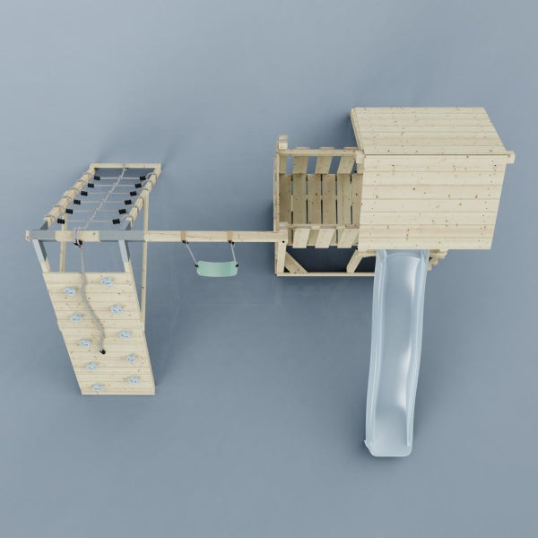 Spielturm aus Holz mit Rutsche, Schaukel, Kletterwand und Netz