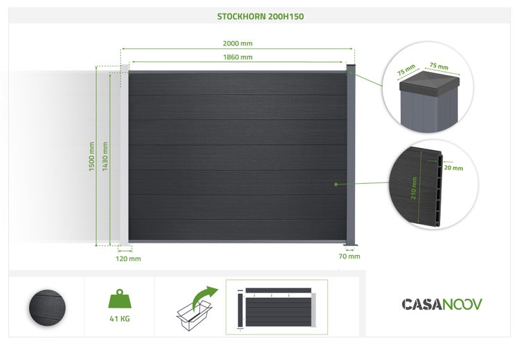 Maßzeichnung Stockhorn 200H150 Zaun: Breite 2000 Millimeter, Höhe 1500 Millimeter, Gewicht 41 Kilogramm. Casanoov Logo.