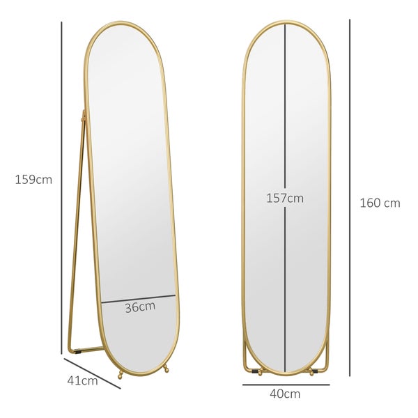 HOMCOM Ganzkörperspiegel,  Wandspiegel mit Ständer, Metallrahmen, Oval Standspiegel für Wohnzimmer, Schlafzimmer, 160 x 40 cm, Aluminium, Gold