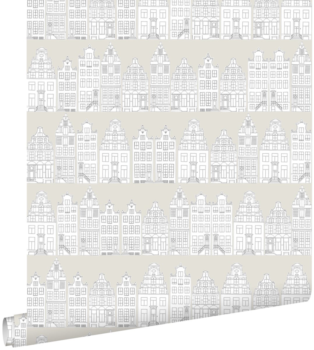 ESTAhome Tapete gezeichnete Amsterdamer Grachtenhäuser Hellgrau - 53 cm x 10,05 m - 138909