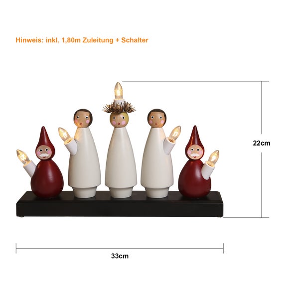 Dekorative Lichterdekoration mit Figuren aus Holz, 33 cm breit und 22 cm hoch.