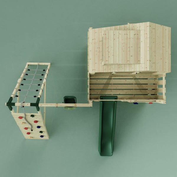 Spielturm mit Kletternetz, Kletterwand und Rutsche