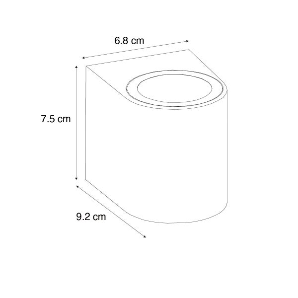 Technische Zeichnung einer Wandleuchte mit Maßen: Breite 6,8 Zentimeter, Höhe 7,5 Zentimeter und Tiefe 9,2 Zentimeter.