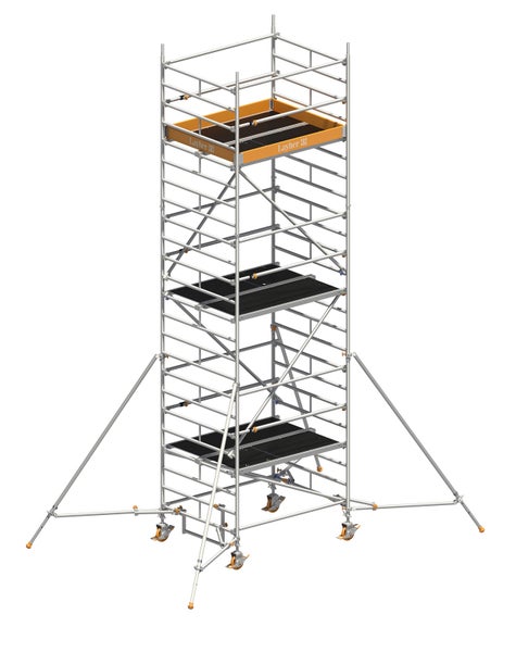 Gerüst mit mehreren Ebenen und Rollen für den flexiblen Einsatz auf Baustellen