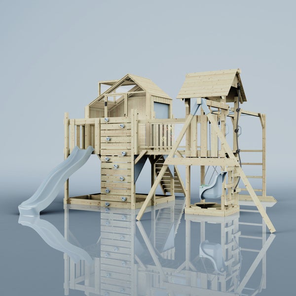 Spielplatz aus Holz mit Rutsche, Schaukel und Kletterwand