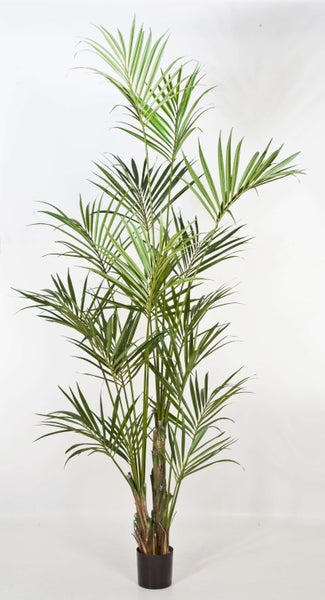 Künstliche Palme im schwarzen Topf mit grünen Palmwedeln.