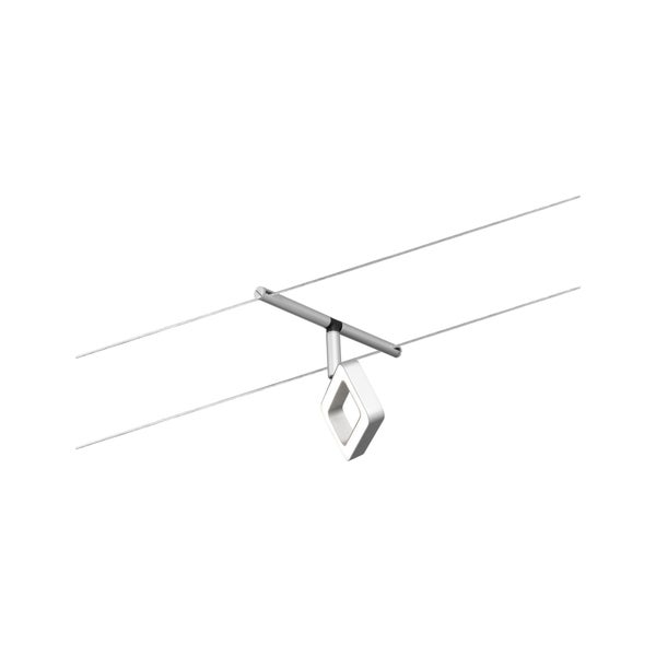 LED-Spot für Seilsysteme mit quadratischem Leuchtenkopf aus Metall und Kunststoff.