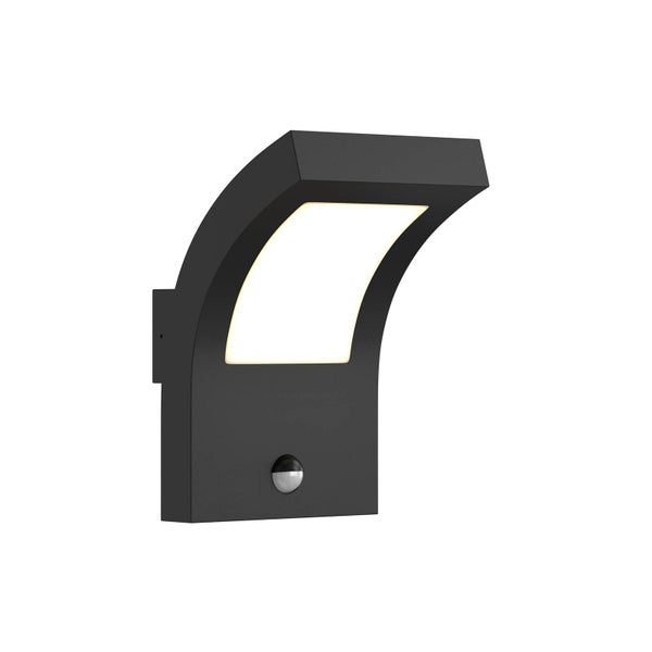 Moderne Außenwandleuchte in Schwarz mit integriertem LED-Panel und Bewegungsmelder.