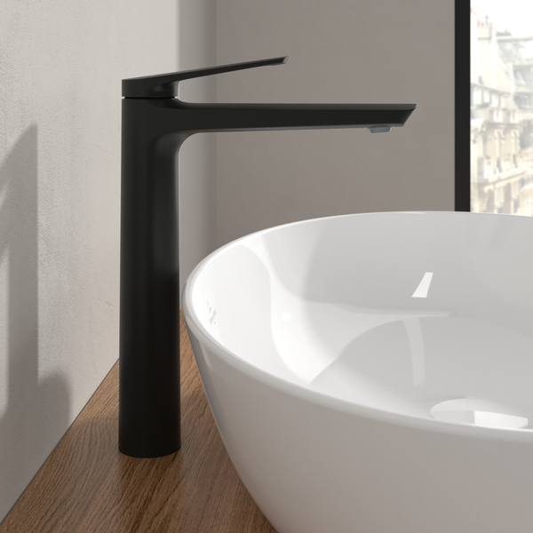 Villeroy & Boch Oasis Waschtischarmatur erhöht, ohne Zugstange, Wasserhahn Bad mit Keramikkartusche, Waschbeckenarmatur wassersparend, Auslauf Höhe 245mm, rund, Matt Black