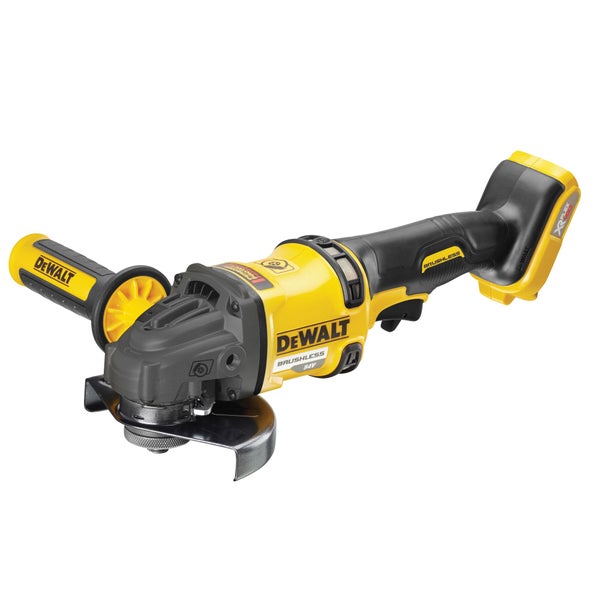 DeWALT Akku-Winkelschleifer mit bürstenlosem Motor, 54 Volt Flexvolt System, inklusive Seitengriff, gelb und schwarz.