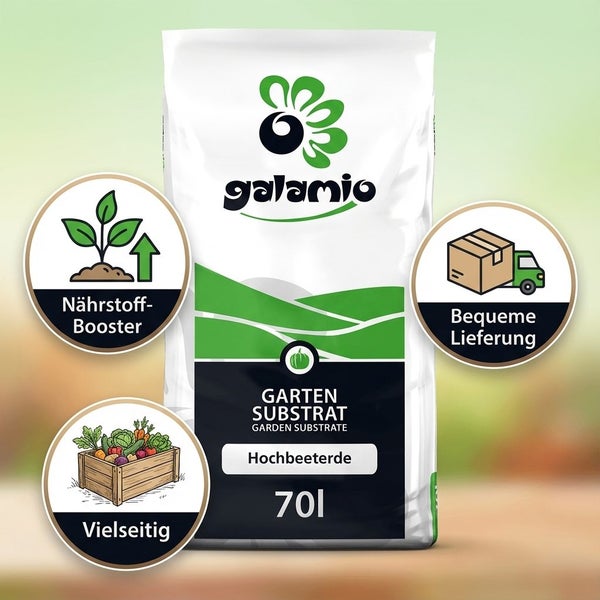 70 Liter Sack Galamio Gartensubstrat Hochbeeterde mit Symbolen für Nährstoff-Booster, bequeme Lieferung und vielseitige Anwendung.