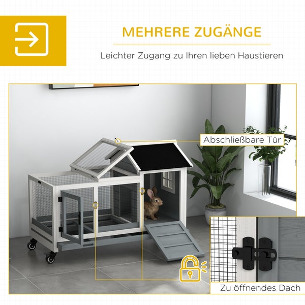 PawHut Zwergkaninchenstall aus Holz, 108 x 58 x 73,5 cm Kleintierstall mit Freilaufgehege, Rädern, Klappdach, Zwergkaninchenkäfig mit Ausziehbarem Tablett für Indoor, Outdoor, Grau