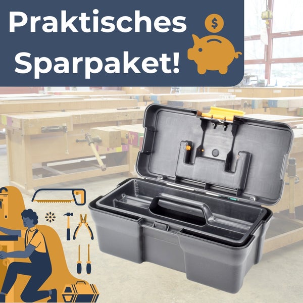 Werkzeugkoffer Sparpaket mit Werkzeugen und Werkbank im Hintergrund
