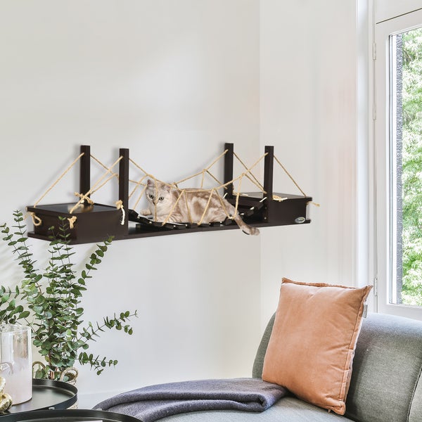 PawHut Kletterwand Katzen, Katzenregal mit Hängebrücke, Wandkratzbaum, Katzen Brücke, Hängematte für Katzen bis 5 kg, Katzenbett, Katzenliege für die Wand, Braun, 96 x 20 x 25,5 cm