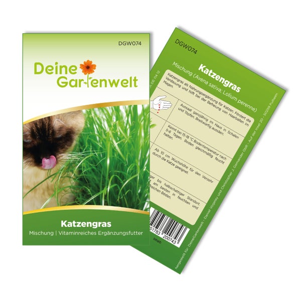 Samentüte für Katzengras der Marke Deine Gartenwelt mit Abbildung einer Katze und grünem Gras sowie Rückseite mit Pflanzanleitung.