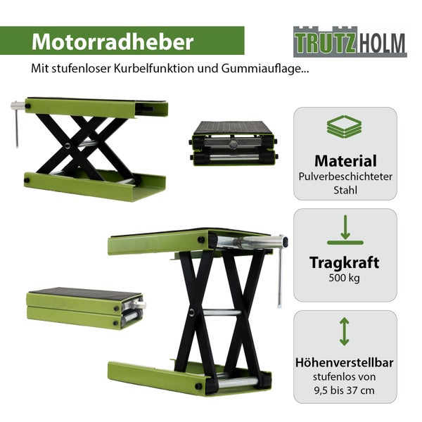 Trutzholm Motorradheber aus pulverbeschichtetem Stahl mit 500 Kilogramm Tragkraft und stufenlos verstellbarer Höhe von 9,5 bis 37 Zentimeter.