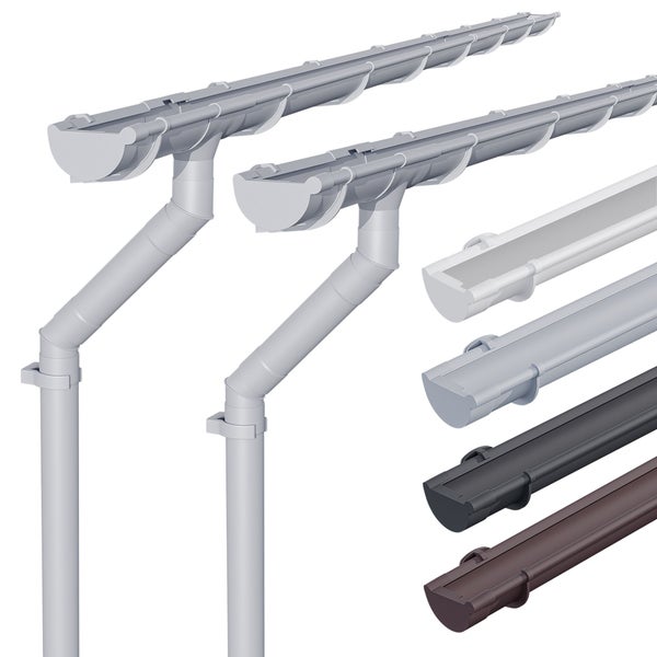 Dachrinnen-Set aus Kunststoff mit Fallrohr, Rinnenendstück und Halterungen.