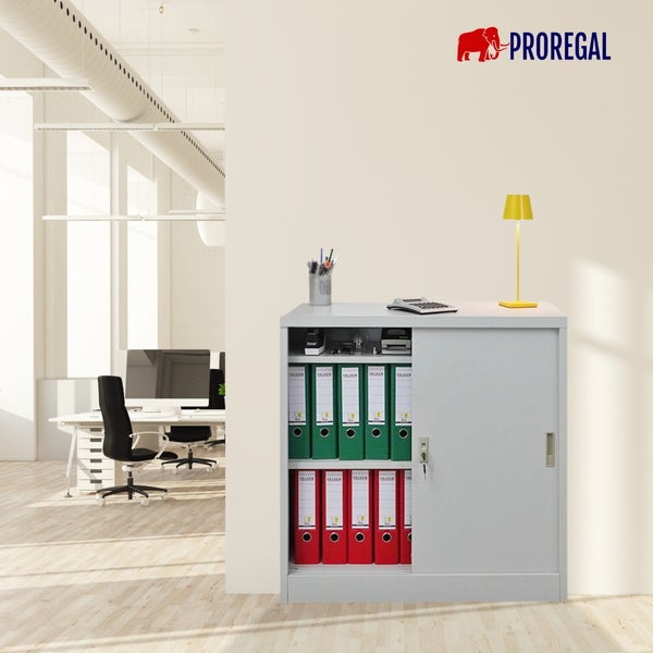 Niedriger Aktenschrank aus Metall mit Schiebetüren in einem hellen, modernen Büro, gefüllt mit Aktenordnern. Proregal Logo.