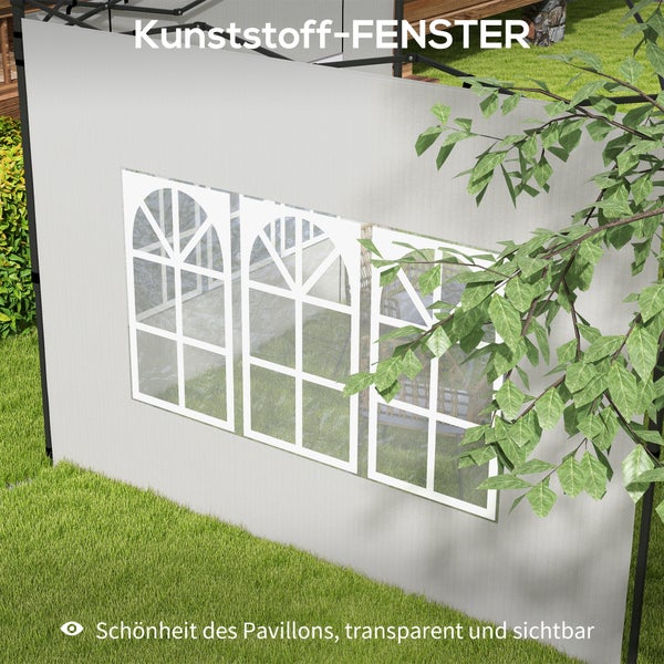 Seitenwand für Pavillon mit drei integrierten transparenten Kunststofffenstern in Rundbogenoptik und Sprossen.