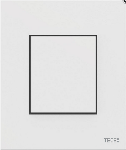Weiße TECE Betätigungsplatte mit schwarzem Rahmen für Toiletten, TECE Logo.