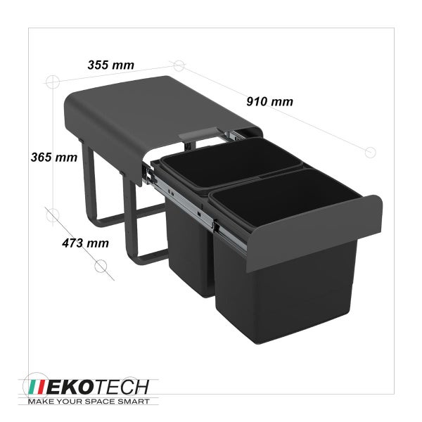 Ekotech ausziehbares Mülltrennsystem mit zwei Behältern, Abmessungen 355 mal 365 mal 473 Millimeter, Tiefe ausgezogen 910 Millimeter.
