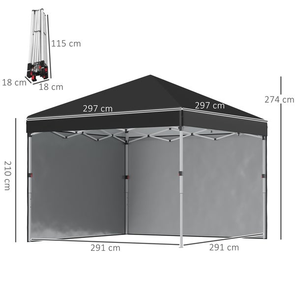 Outsunny Faltpavillon 2,97 x 2,97 m, Pavillon mit Seitenwänden, Campingzelt mit UV-Schutz, Partyzelt mit Sandsack, Gartenpavillon, Pop-Up-Zelt für Terrasse, Stahl, Schwarz